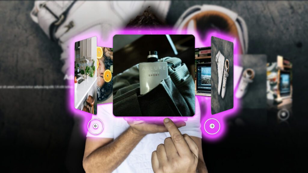 Thumbnail with a man in a white t-shirt pointing at a horizontal 3D carousel of photo cards outlined in glowing magenta, the large centre card showing an Allure Homme Sport perfume bottle resting on folded clothing, flanked by cards of a kitchen sink, orange slices, white sneakers and a record player, with circular left and right arrow buttons below, over a blurred dark background