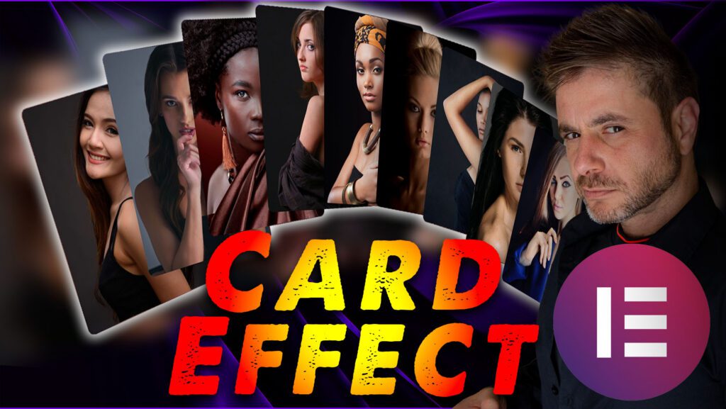 Thumbnail with a man in a dark shirt on the right, a fan of eight portrait cards of women behind him, large distressed red and orange CARD EFFECT lettering across the bottom, a magenta circle with a white list icon at the lower right, and a blurred purple radial background