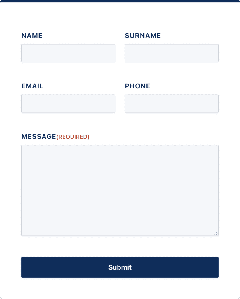 Screenshot of a white contact form component with dark navy uppercase labels NAME, SURNAME, EMAIL and PHONE above white input fields with pale grey borders, a large white Message textarea labelled MESSAGE(REQUIRED) with REQUIRED in red, and a wide rectangular navy Submit button, with a navy bar across the top edge of the window