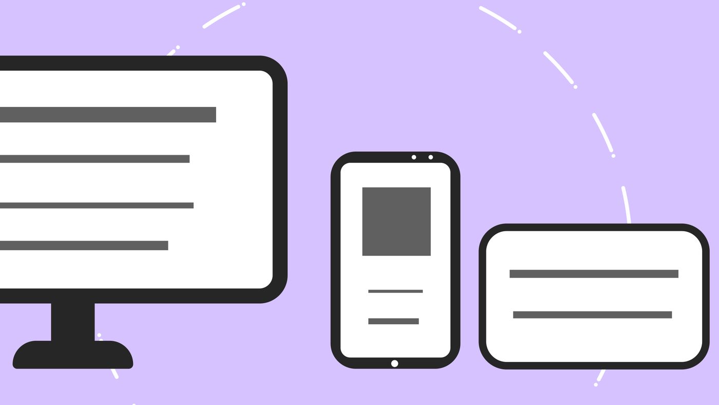 A responsive line-art layout across a desktop, phone and tablet