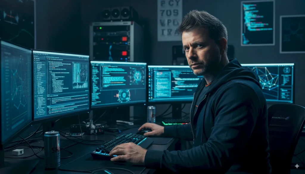 AI generated image of a man with short dark hair and stubble wearing a black hoodie, seated at a desk typing on a backlit keyboard in a dark blue lit room, surrounded by four widescreen monitors showing cyan code, network diagrams and system panels, with a server rack and a poster with garbled text behind him and an energy drink can on the desk