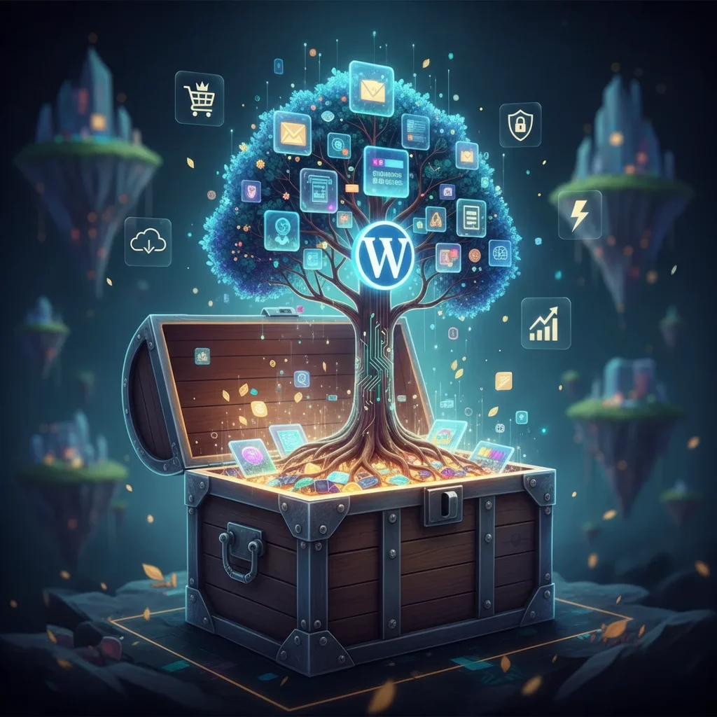 Custom WordPress website SEO and design - Tree of icons growing from open chest representing content management digital marketing and analytics - © 2025 Reboot Websites