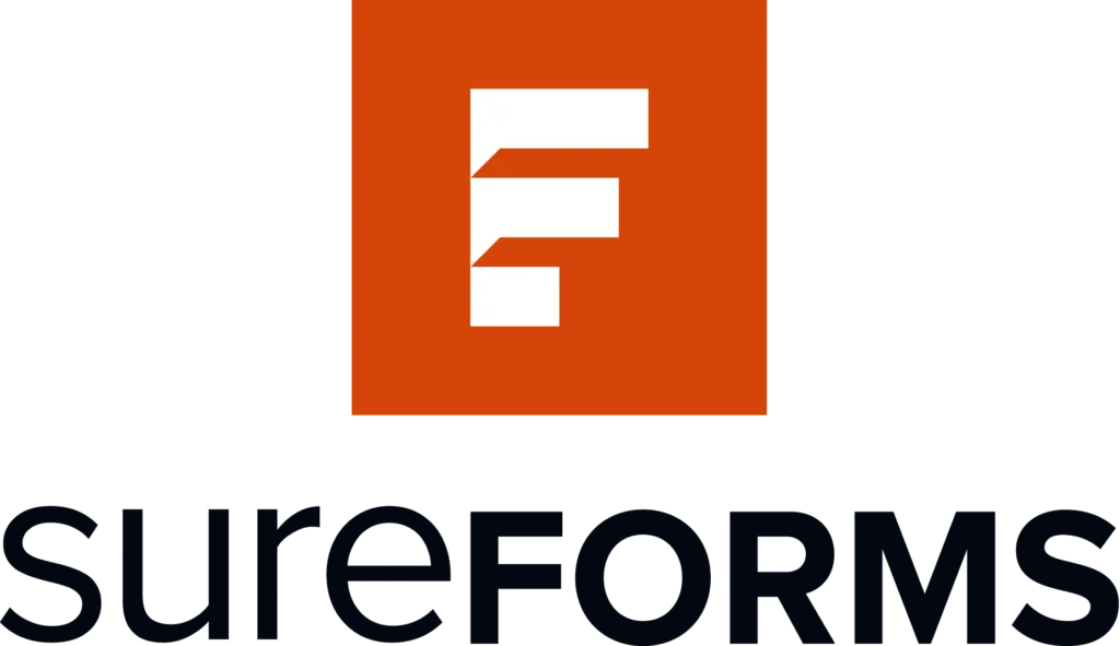 Sure Forms logo on a black background showing an orange rectangle containing a white geometric F made of three stacked bars with angled left edges, above the words sureFORMS in very dark navy lowercase lettering