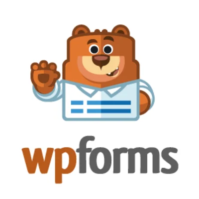 WPForms logo on a white background showing a friendly brown bear character with round ears, a tan muzzle and one paw raised in a wave, wearing a light blue shirt with darker blue stripes, above the word wpforms with wp in brown and forms in dark grey lowercase