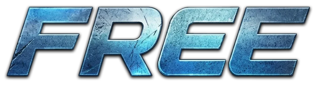 Graphic of the word FREE in large bold italic blue metallic letters with a scratched brushed metal texture and a dark drop shadow, on a white background