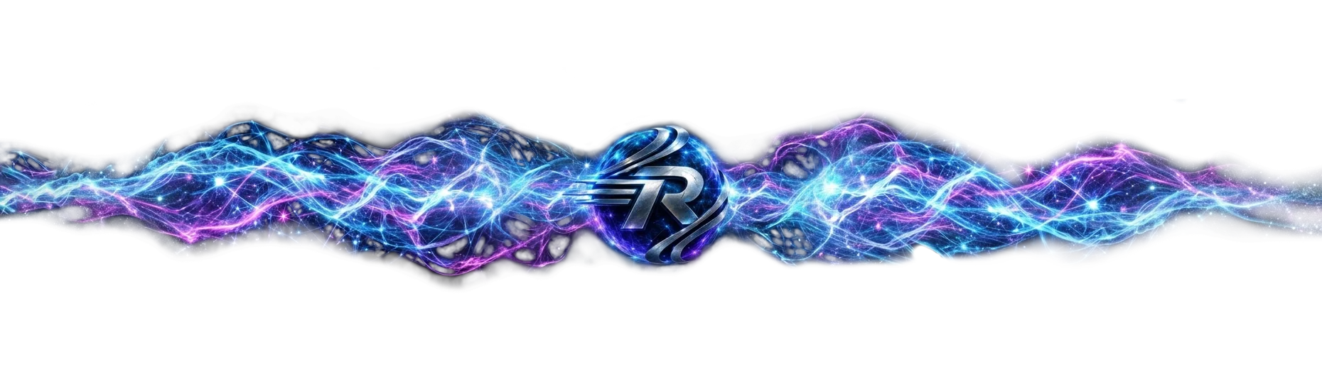 Very wide banner graphic on a black background showing a horizontal wave of glowing blue, cyan, magenta and purple energy filaments with bright light points, with the Reboot Websites chrome R logo centred in the middle of the wave, fading to black at the left and right edges